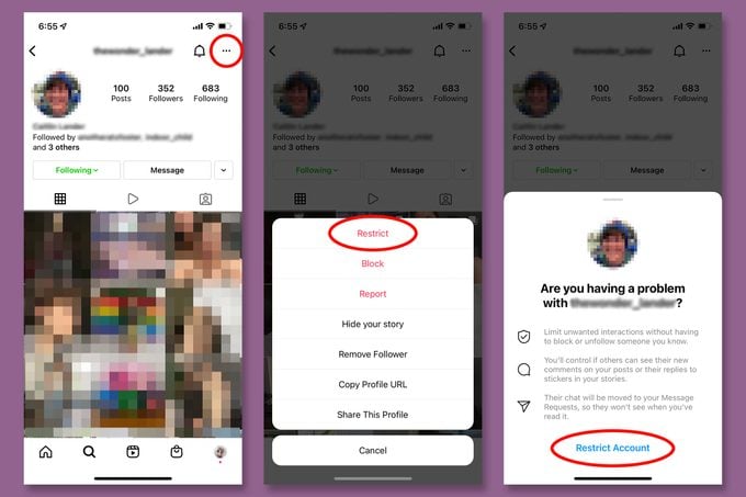screenshots showing how to Restrict An Account On Instagram from their account page
