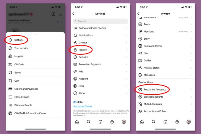 capturas de pantalla que muestran cómo restringir una cuenta de Instagram desde su configuración