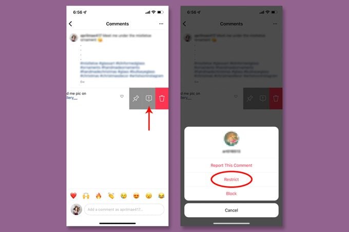 screenshots showing how to Restrict an account on Instagram From The Comments on a post