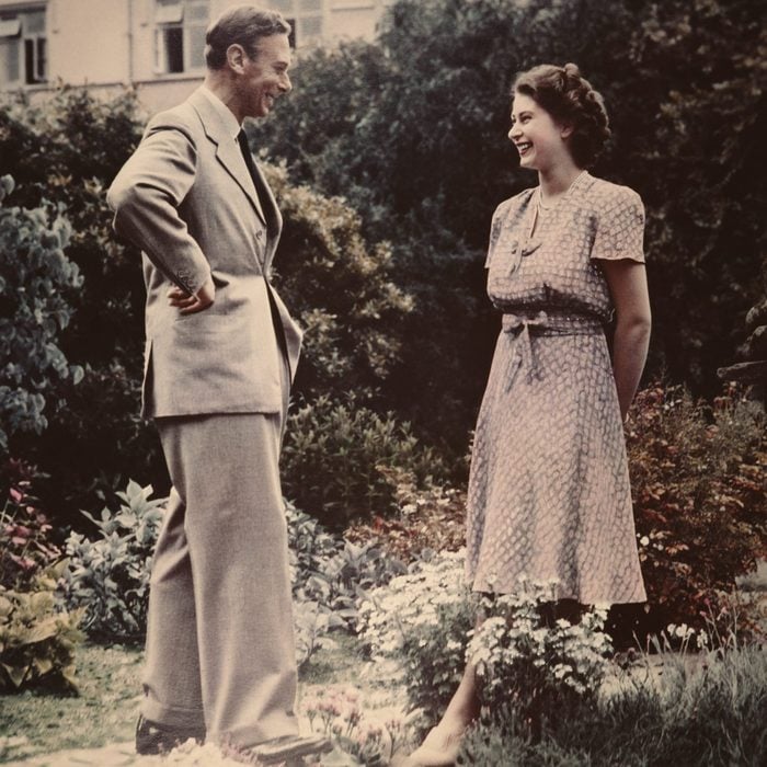 Princess Elizabeth, the future Queen Elizabeth II conversing with her father, King George VI (1895 - 1952) in a garden, 8th July 1946. (Photo by Lisa Sheridan/Studio Lisa/Hulton Archive/Getty Images)