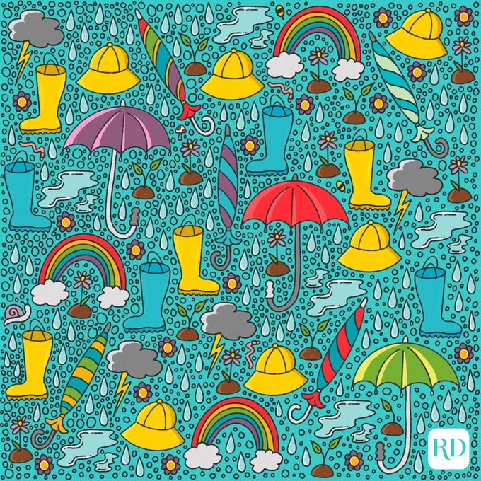 Find The Hidden Objects Among The Rain, rainboots, umbrellas, storm clouds, and rainbows