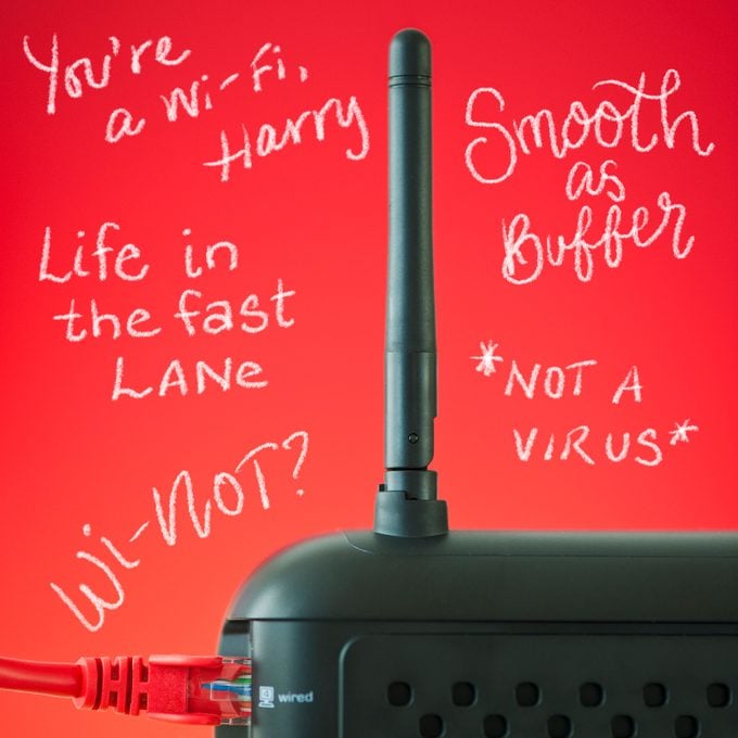 black router on red background with funny wi-fi names handwritten around the frame