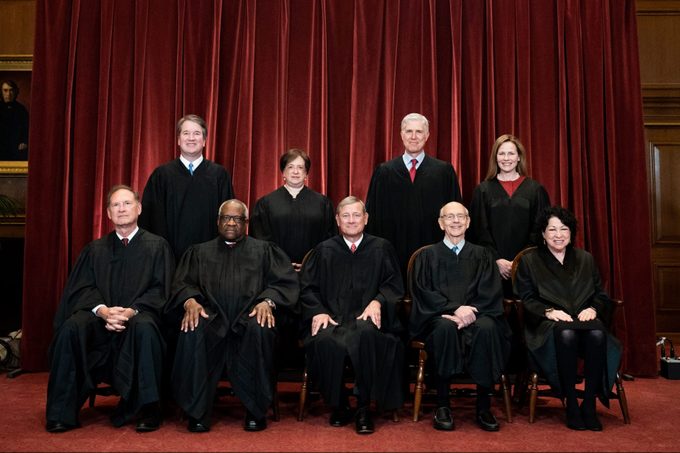 Members of the Supreme Court pose for a group photo at the Supreme Court in Washington, DC on April 23, 2021. Seated from left: Associate Justice Samuel Alito, Associate Justice Clarence Thomas, Chief Justice John Roberts, Associate Justice Stephen Breyer and Associate Justice Sonia Sotomayor, Standing from left: Associate Justice Brett Kavanaugh, Associate Justice Elena Kagan, Associate Justice Neil Gorsuch and Associate Justice Amy Coney Barrett.