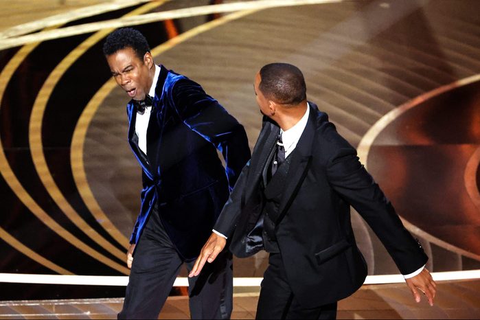 Will Smith slaps Chris Rock onstage during the show at the 94th Academy Awards at the Dolby Theatre at Ovation Hollywood on Sunday, March 27, 2022.
