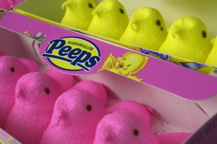 Pink and yellow marshmallow peeps on display