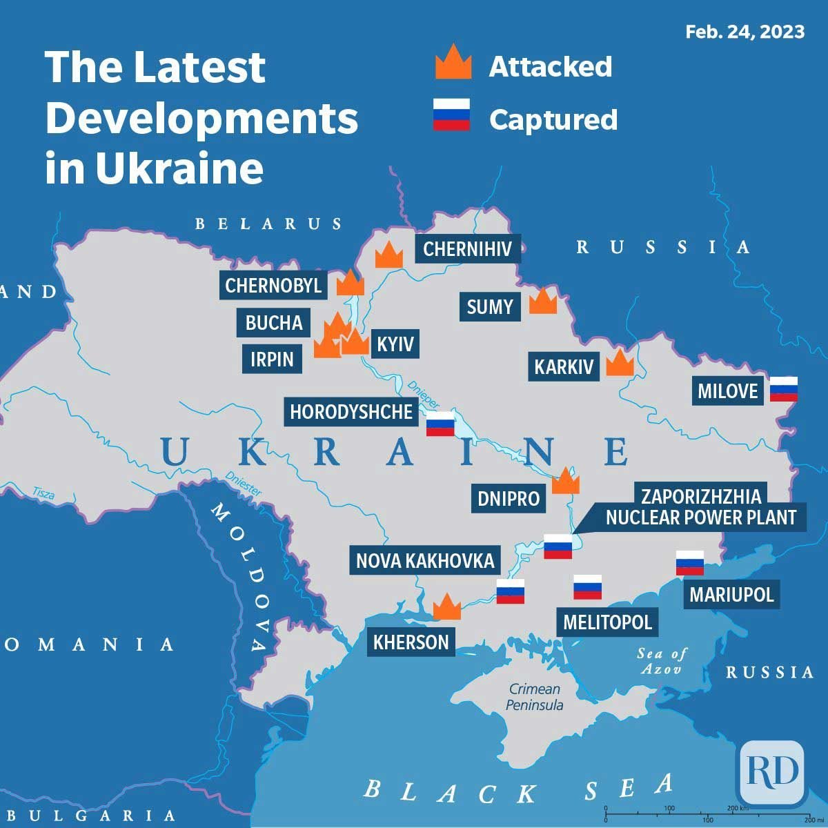 infographic of a map of Ukraine depicting the latest developments of the Russian attack
