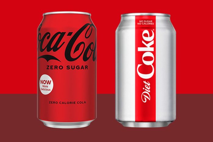 can of coke zero next to a can of diet coke on red background