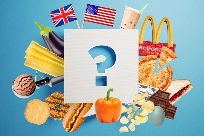 collage of many food items, usa and uk flags, mcdonalds sign, and a question mark in the center
