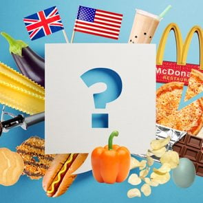 collage of many food items, usa and uk flags, mcdonalds sign, and a question mark in the center