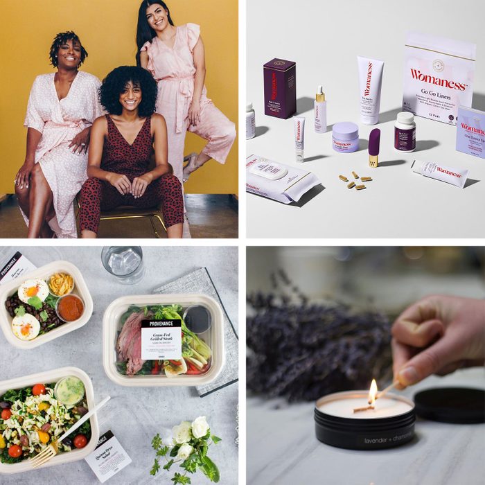 collage of images from four woman owned companies; a clothing company, a wellness company, a food company, and a candle company are represented