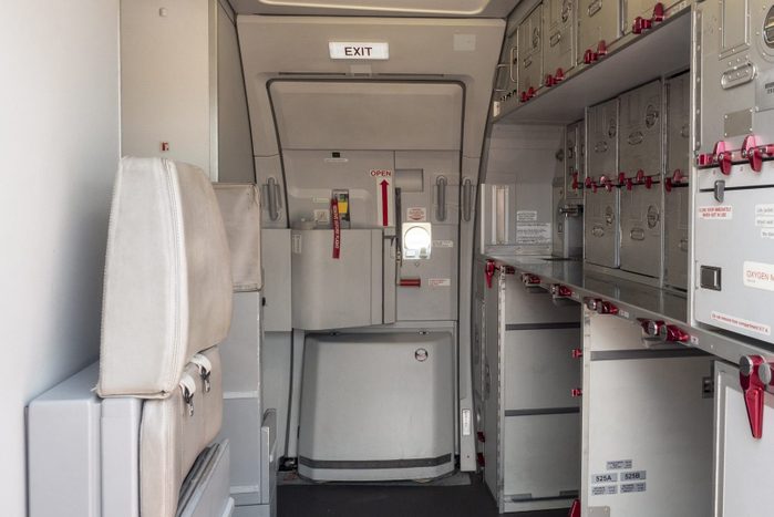 Aircraft aft galley with full of storage unit. The most right unit show how it look like.