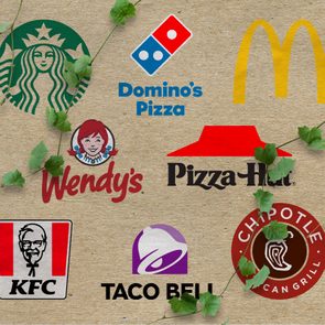 Multiple fast food restaurant logos with vines growing on a kraft paper background