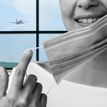 Collage of a woman taking off a surgical mask in an airport