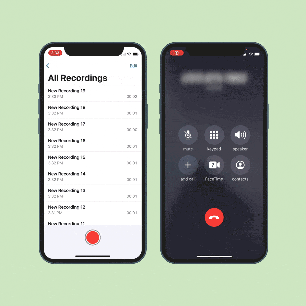 Animated GIF showing Voice Memo function: record call