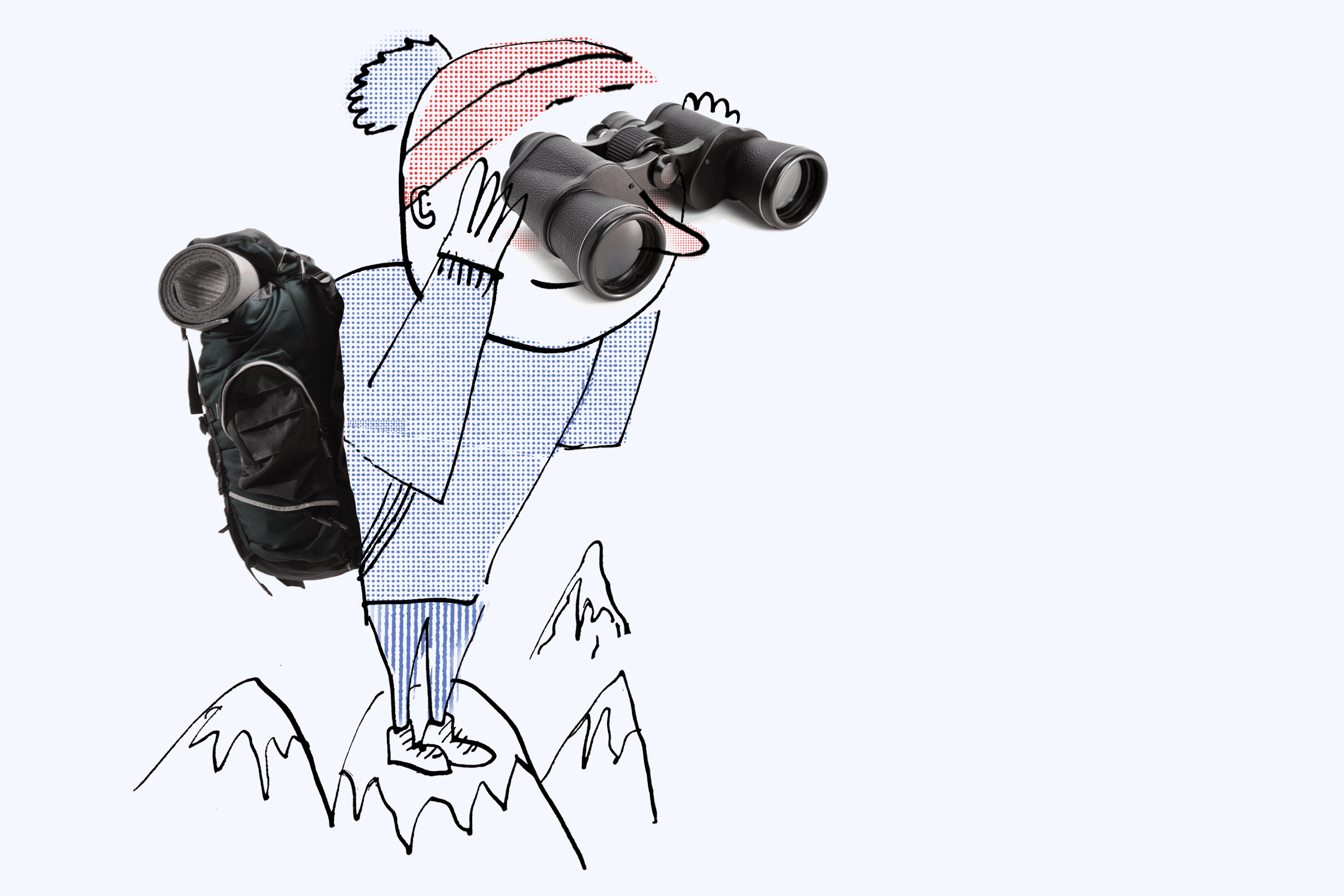 illustration of a national parks explorer standing atop a mountain with binoculars