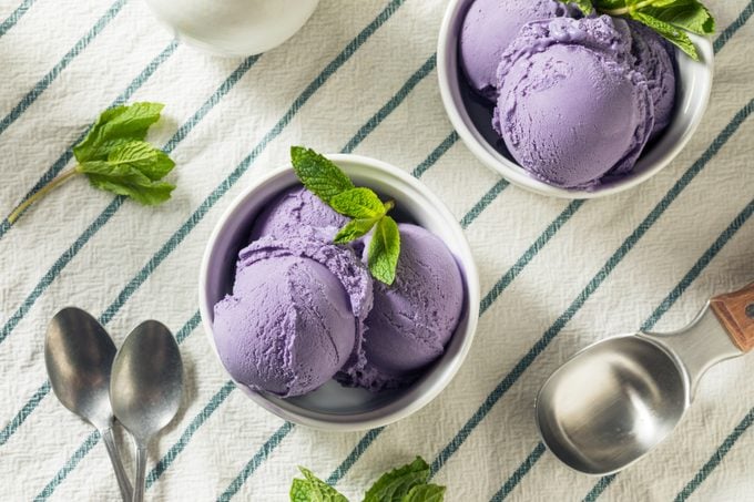 Homemade Purple huckleberry ice cream in a dish