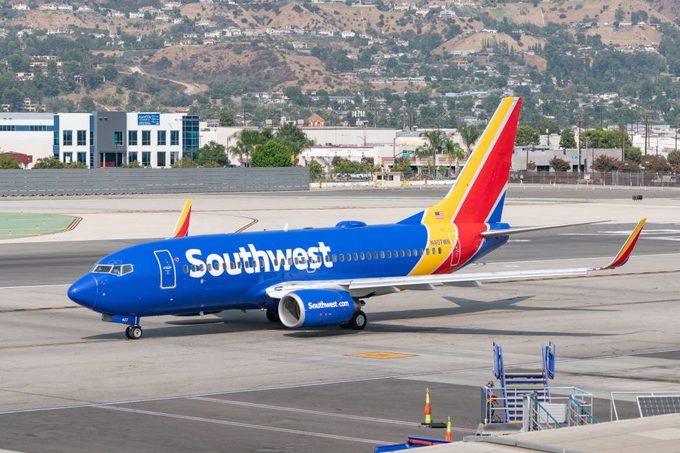 Southwest Airlines Boeing 737-7H4 takes off from Hollywood Burbank Airport on September 16, 2020 in Burbank, California.