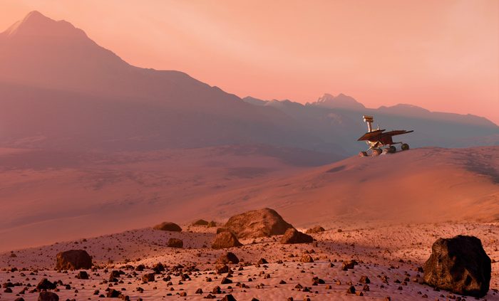 mars landscape at sunset time with mars rover