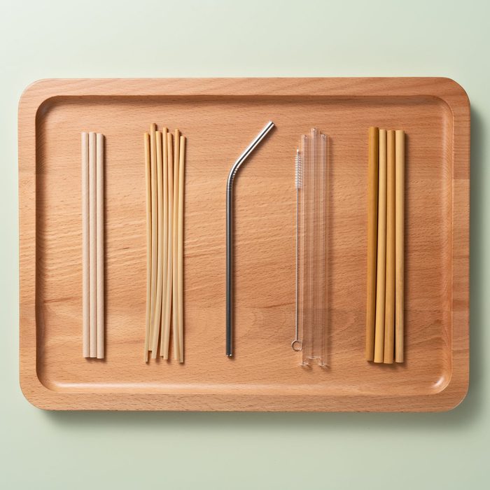 Collection of Plastic Free Drinking Straws in Wood Tray