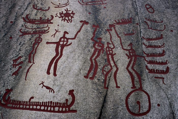 viking rock painting Depiction of battle scene and ships 