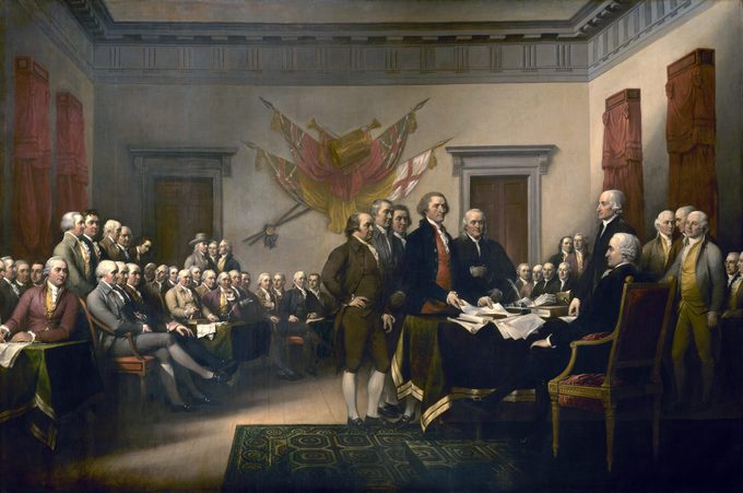 painting of the signing of the Declaration of Independence in Philadelphia on July 4th, 1776 (by John Trumbull, American, 1756 - 1843), 1819. The painting shows the five-man drafting committee presenting the Declaration of Independence to the United States Congress, and is located in the Capitol rotunda. Oil on canvas.