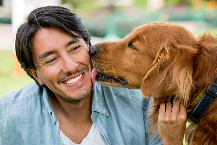 Dog licking a happy man