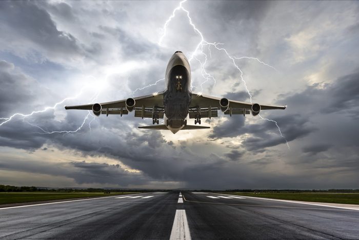 Passenger airplane landing on extreme weather