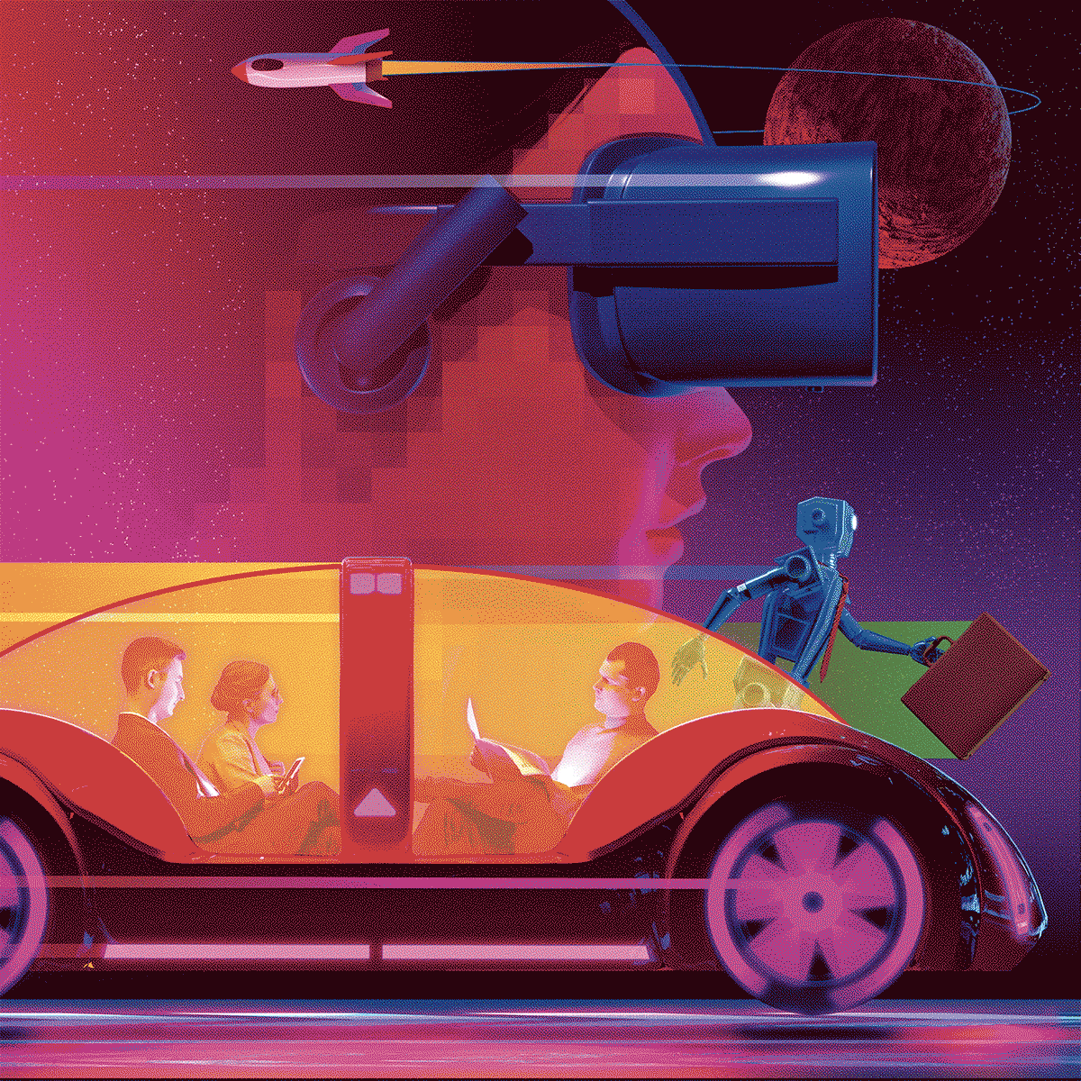 Illustration of people inside self driving cars alongside futuristic scenery