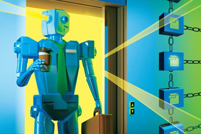 Illustrated robot walking into a workplace with a briefcase and coffee