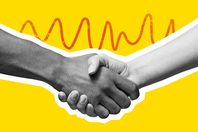 Collage of a handshake on a yellow background