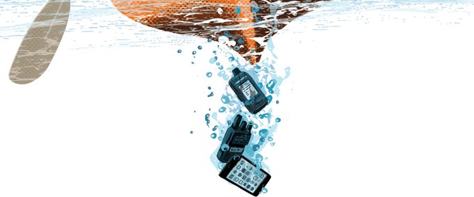 Illustration of electronic devices falling off a kayak