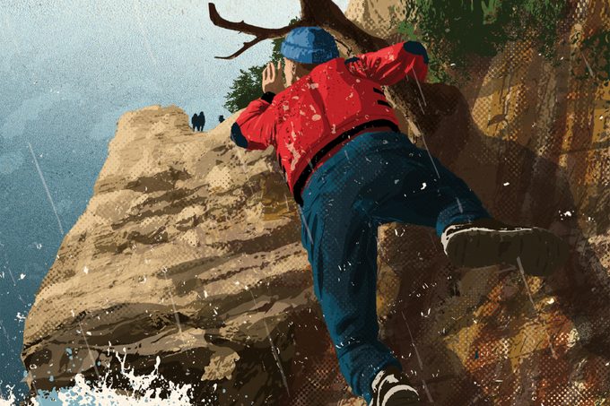 Illustration of a kayaker holding onto a cliff
