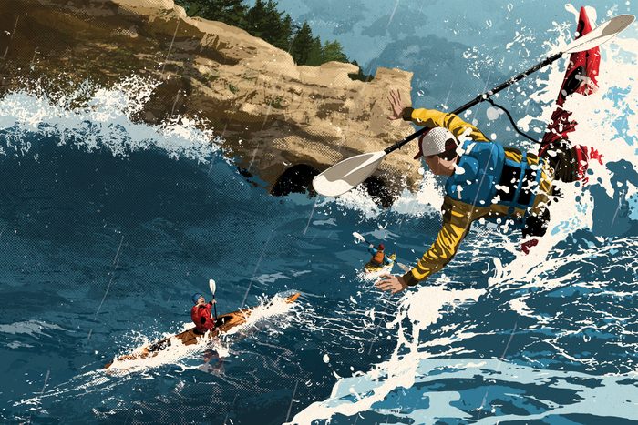 Illustration of three kayakers facing violent waves