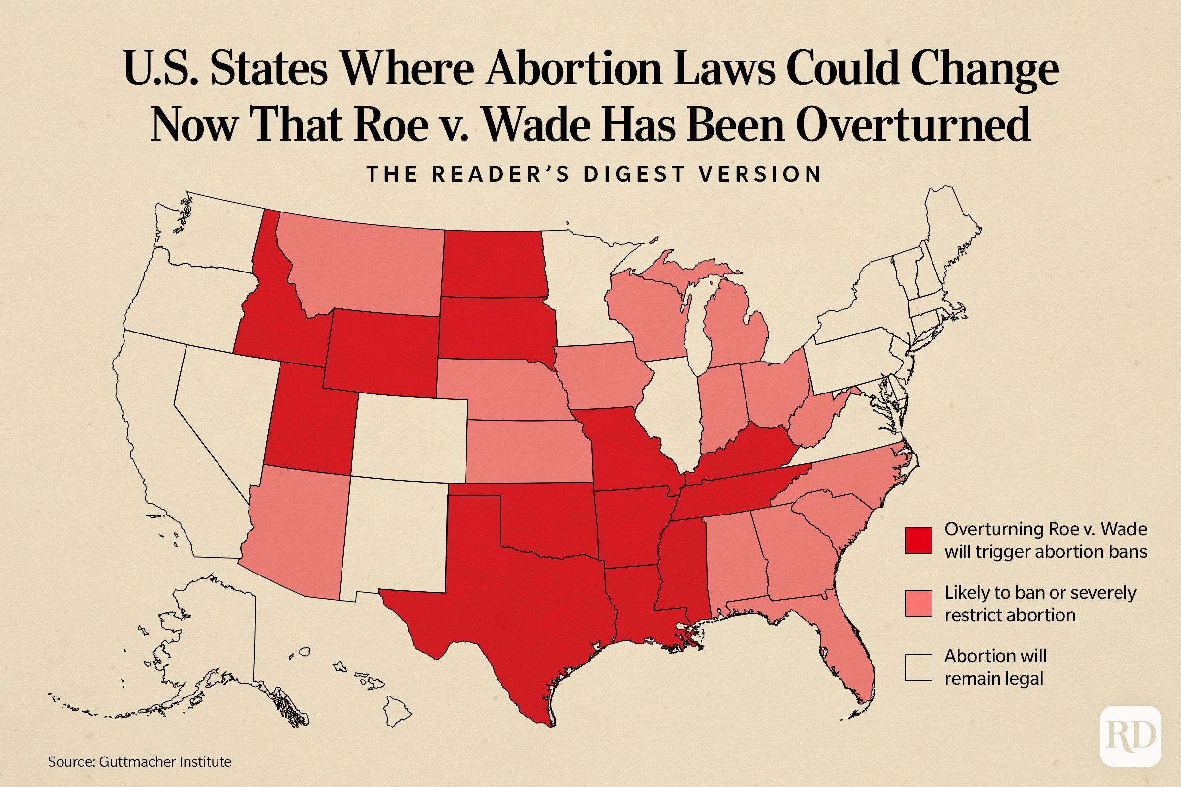 Infographic of U.S. States where abortion laws could change now that Roe v. Wade has been overturned