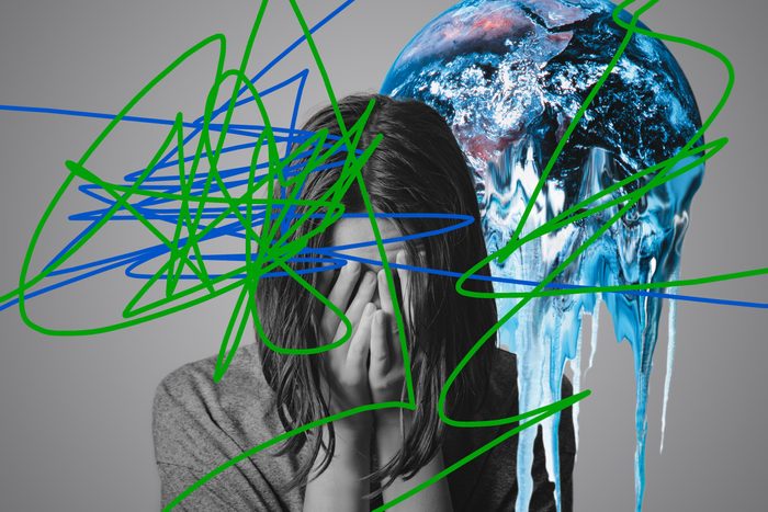 woman covering her face with her hands. to the right, the planet earth drips and melst. anxious blue and green srcibbles arcoss the whole image