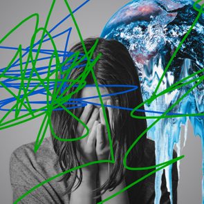 woman covering her face with her hands. to the right, the planet earth drips and melst. anxious blue and green srcibbles arcoss the whole image