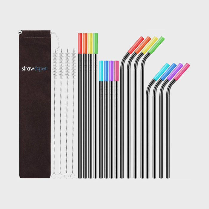 Strawexpert 16 Pack Black Reusable Metal Straws Rainbow Tip Ecomm Via Amazon