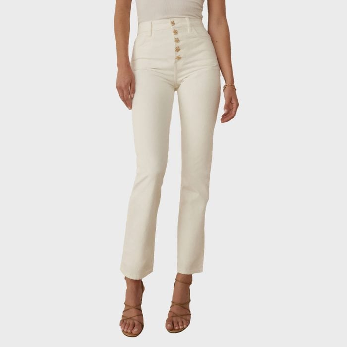 White Cynthia Gold Button High Rise Straight Jeans 