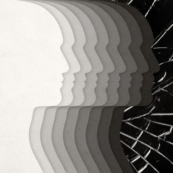 paper cut profiles that overlap and fade from white to black with shattered glass background