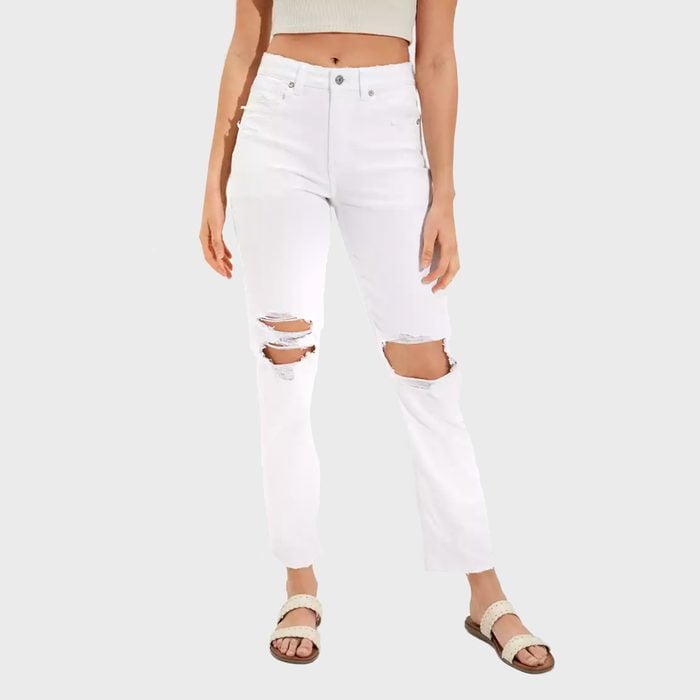 White Stretch Ripped Mom Straight Jeans