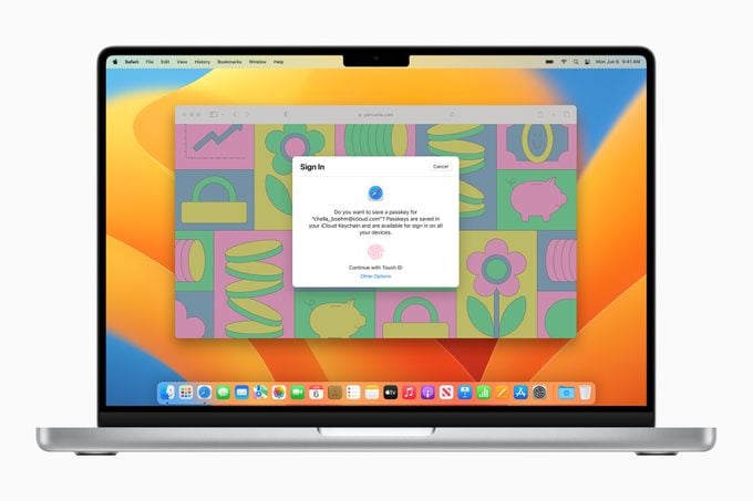 apple passkey dialog shown in a safari window on a macbook screen