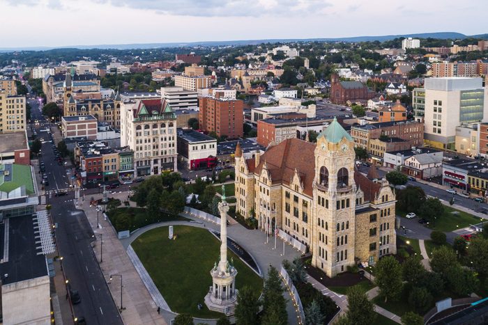The aerial view of the City Hall and Downtown District of Scranton at sunset. Pennsylvania, USA