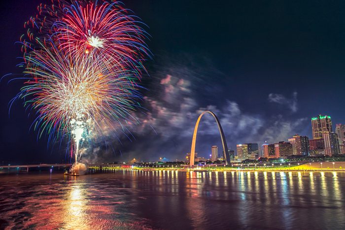 Fireworks over the Famous monument of Gateway Arch in Missouri with St Louis Skyline and Mississippi River, Missouri, USA