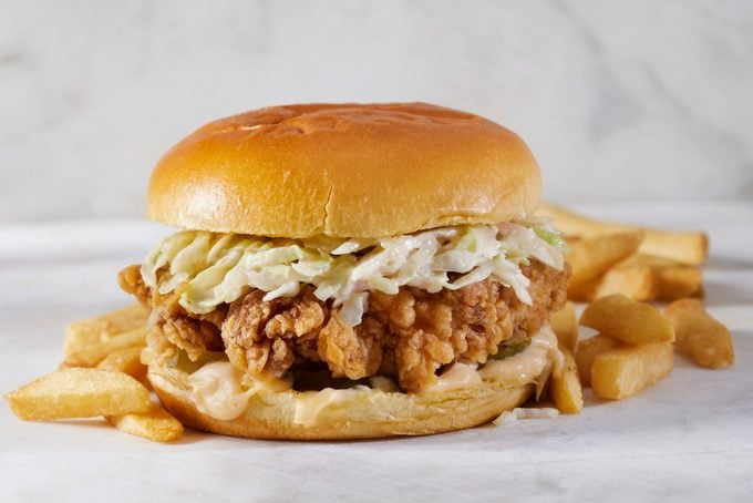 Spicy Crispy Fried Chicken Burger with Lettuce, Mayo and French Fries