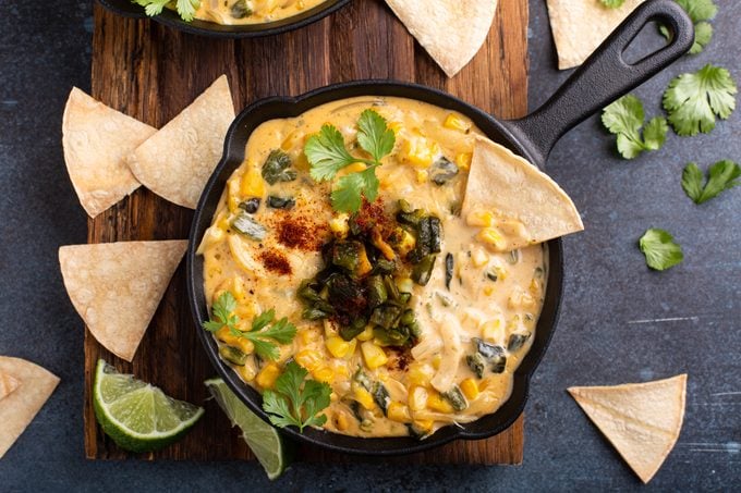 Grilled poblano and corn dip with tortilla chips
