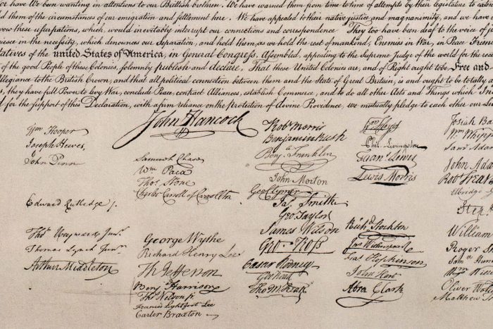 close up of signatures on the Declaration of independence document