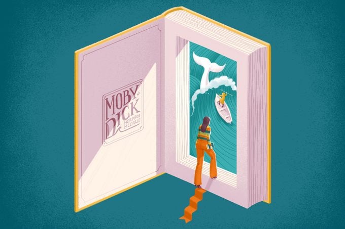Illustration of a woman walking into a book: Moby Dick
