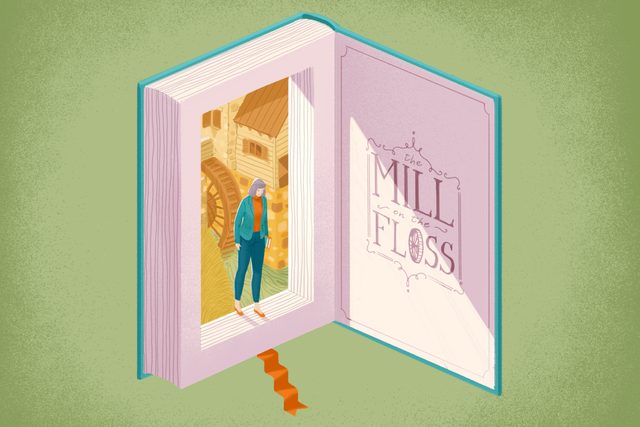 Illustration of a woman walking out of a book: Mill Floss