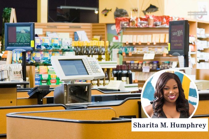 grocery store scene with portrait of Sharita M Humphrey
