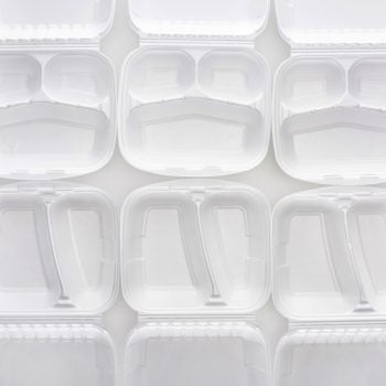 styrofoam food containers lined up against a white background